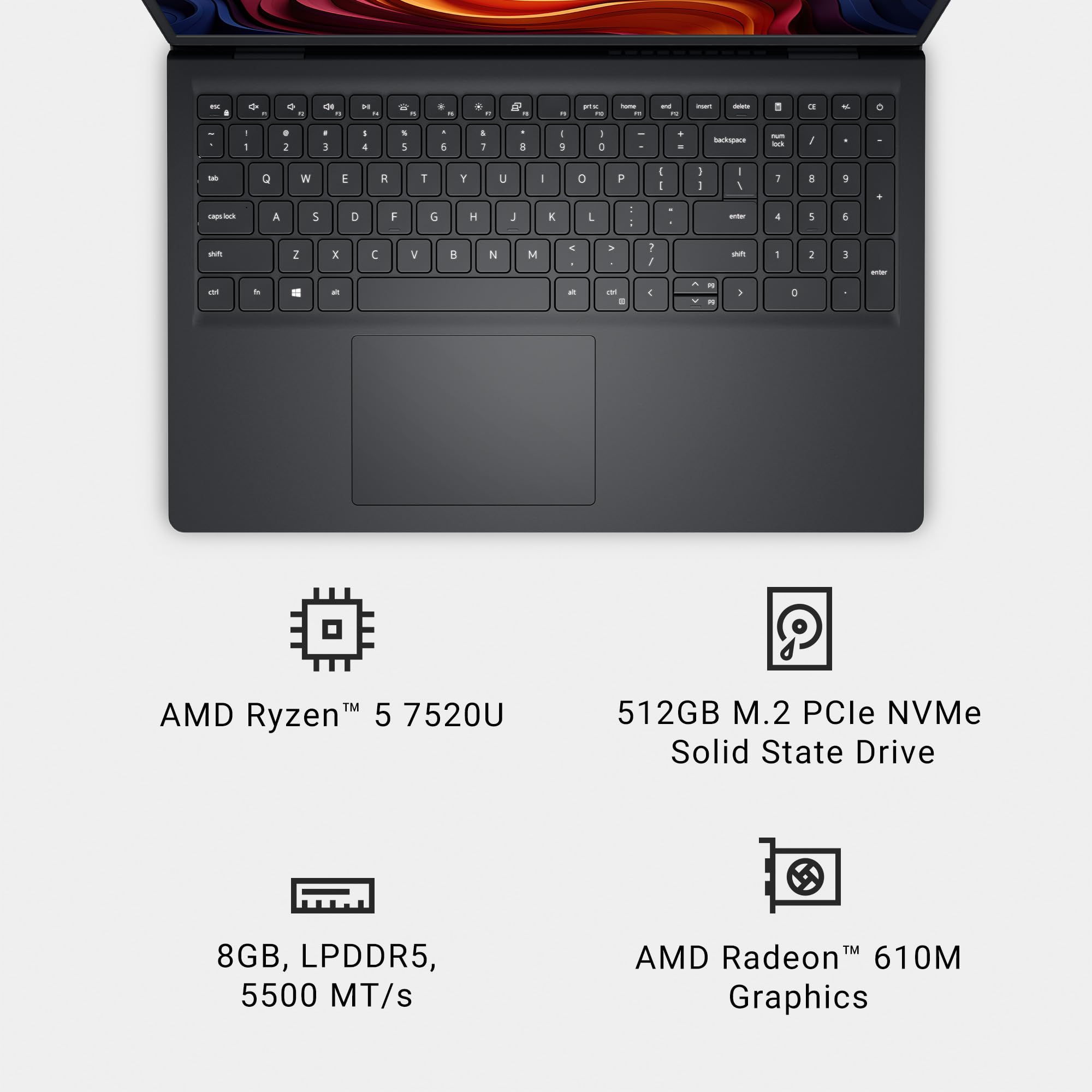 Dell 15 Laptop DC15255-15.6-inch FHD 120Hz Display, AMD Ryzen 5-7520U, 8GB LPDDR5 RAM, 512GB SSD, Radeon 610M Graphics, Windows 11 Home, Onsite Service - Carbon Black - Image 9